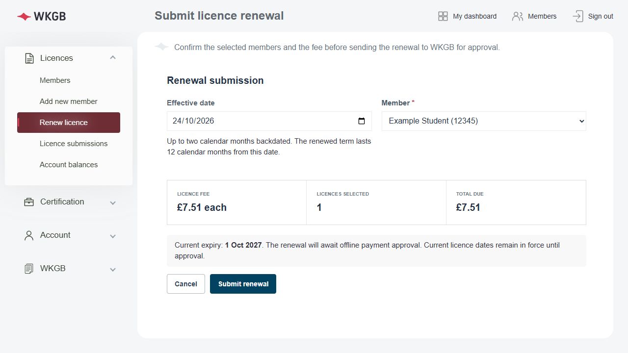 Example renewal confirmation showing the effective date, member, fee and total due before Submit renewal